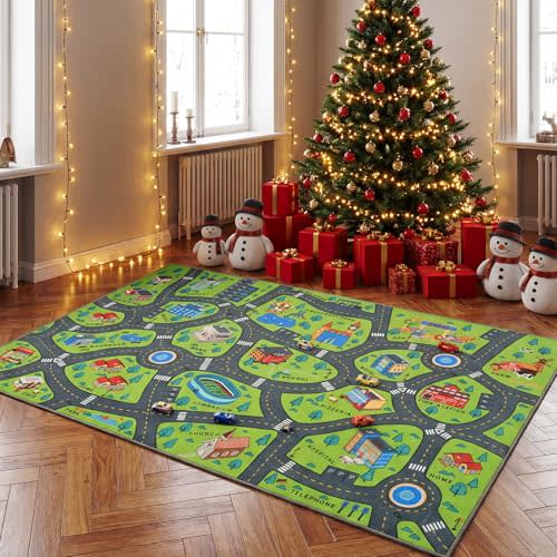 Merelax 5x8 Kids Car Area Rug, Green Grey Area Road Rugs for Living Room Playroom Classroom Bedroom, Non Slip Kids Play mat, Washable Rug, Educational City Traffic Map Fun Car Carpet for Ages 3-12