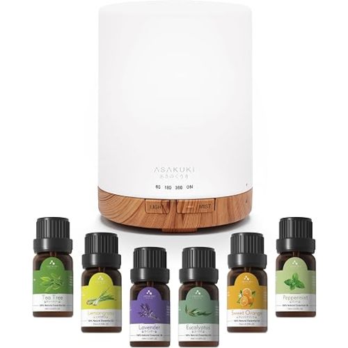 ASAKUKI 300ml Aromatherapy Oil Diffuser with 6Pcs*10ml Pure Essential Oil Gift Set, Cool Mist Essential Oil Diffuser with 4 Timer Setting,15 Colour Lights, Auto Shut-Off