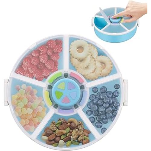 Snack Rotator Container Reusable Snack Box with 5 Compartment Dispenser and Lid, Color Matching Opening Lid, BPA and PVC Free, for Home, School, Travel (1 Pack- Blue)