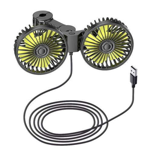 Dual Head USB Powered Car Backseat Cooling Fan, 3 Speed Adjustable Quiet Brushless Motor Fan, 360ยฐ Rotatable Headrest Clip-On Auto Air Circulation Fan