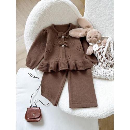 SHEIN Baby Girls Sweater Co-Ords, Infant Girls Pullover Round Neck Knitted Long Sleeve Cardigan, Pink Solid Color Versatile Fashionable + Knitted Flared Long Pants, Suitable For Autumn/Winter, 2 Pieces Set, Versatile, Suitable For Outings, Travel, School 