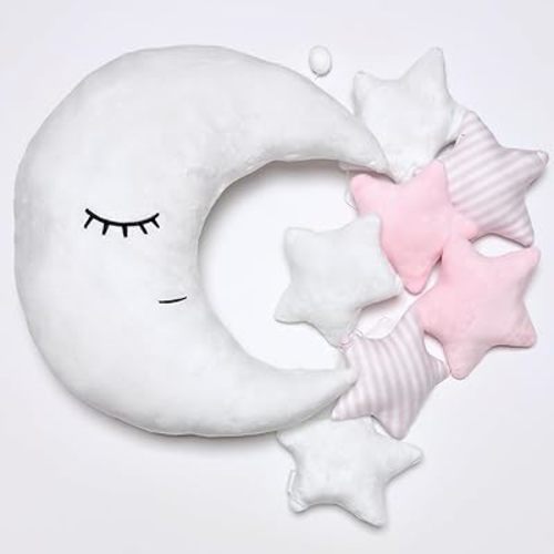 Perfectto Design Kid’s Moon Decorative Pillow, Stars Garland for Girls Toddler Room - Fluffy Moon, Stars Wall Decor, Soft Cute Throw Pillow for Bed, Bedroom Boho Teepee Ornament Decoration