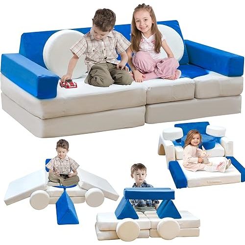 13PCS Modular Kids Play Couch, Kids Couch with Washable Velvet Cover for Boys and Girls, Convertible Foam and Floor Cushion for Nursery Playroom, Blue & Beige