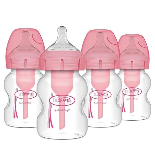 Cub & Cradle Dr. Brown's Natural Flow Anti-Colic Options+ Wide-Neck Baby Bottles 5 oz/150 mL,with Level 1 Slow Flow Nipple, Pink 4 Pack, 0m+ - Dr. Brown's Natural Flow Anti-Colic Options+ Wide-Neck Baby Bottles 5 oz/150 mL,with Level 1 Slow Flow Nipple, P
