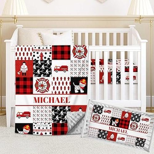 Personalized Crib Bedding Set for Baby Boy Girl, Custom Firefighters and Fire Truck Crib Bedding Set with Name, 2 Piece Nursery Bedding, Crib Comforter, Crib Fitted Sheets for Baby