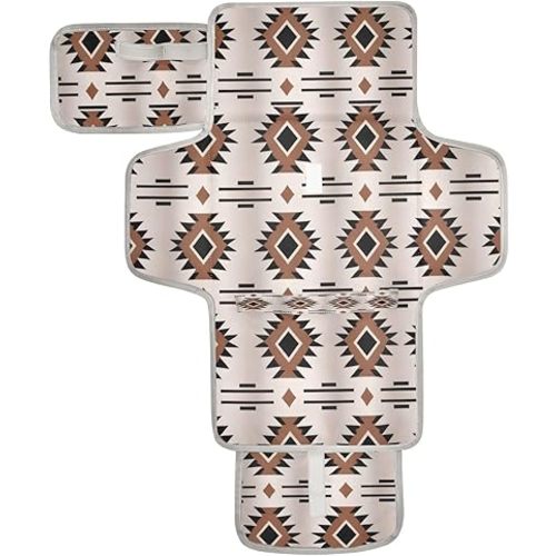 Western Aztec Geometric Baby Changing Pad - Waterproof Diaper Changing Pad with Built-in Pillow - Portable Travel Changing Mat for Newborn Girl & Boy