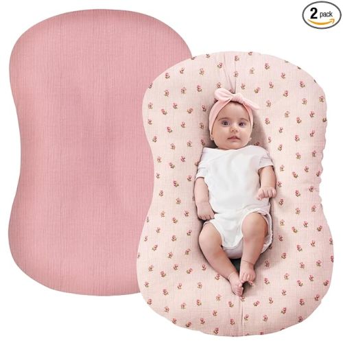 FUNUPUP Muslin Baby Lounger Cover Compatible with Snuggle Me Lounger, Infant Lounger Pillow Cover for Newborn, Removable Newborn Lounger Cover for Boys and Girls, Only Cover, Pink&Pink Flower