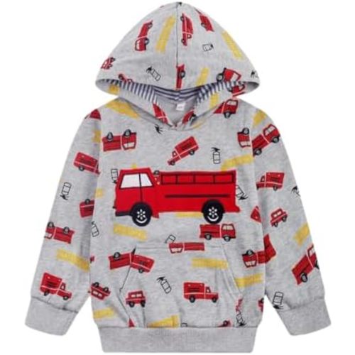 Toddler Boy Hoodie Sweatshirt - Pullover Dinosaur Long Sleeve Shirt Fire Truck Print Kids Winter Clothes 2T-7T
