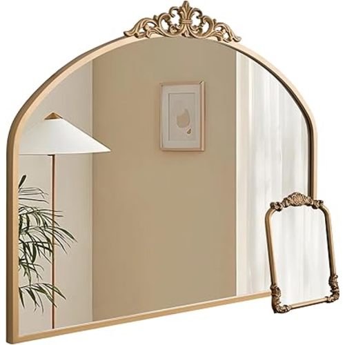 Meolyx 1 Set Vintage 36x29 Gold Antique Baroque Arched Ornate Traditional Brass Mirror and 8.5x12 Vintage Vanity Makeup Desk Table Mirror for Bathroom Entryway Living Room Hallway Fireplace