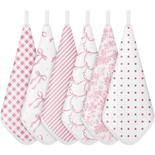 6 Pack Pink Bow Baby Washcloths for Newborn 10 x 10'' Soft Wash Cloths for Baby Girls, Absorbent Infant Face Cloths or Towels, Burp Cloth, Reusable Babies Wipes for Toddler Kids, 6 Styles