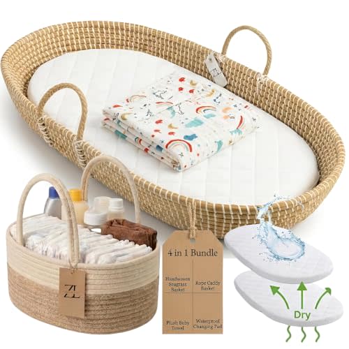 Baby Changing Basket Set, 100% Natural Seagrass Artisan Crafted | Set of 4 Pieces Unisex Moses Basket With Diaper Caddy, Towel, Portable Changing Pad & Dual Layer Waterproof Cover