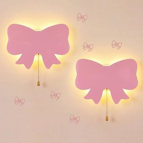 Nuanchu 2 Pcs Pink Bow Night Light for Girls Cute Floating LED Lamp for Kids Nursery Room Decor Battery or USB Operated Night Light for Wall Bedroom Table Office Home Decorations