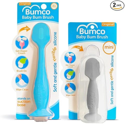 Bumco Baby Bum Brush + Mini Baby Diaper Cream Spatula with Case - BPA-Free Silicone Diaper Spatula with Suction Cup, Wipe-Clean, Mom-Invented Butt Paste Applicator (Blue & Gray)