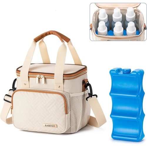 BABEYER Breastmilk Cooler Bag with Ice Pack Fits 6 Baby Bottles up to 9 Ounce, Breast Milk Pump Cooler Bag for Nursing Mom Daycare, Work, Travel-Cream