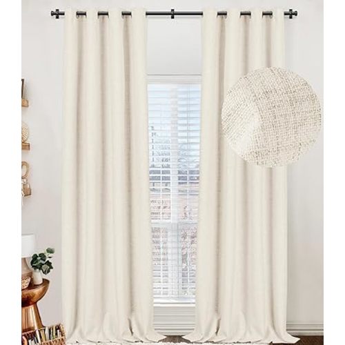100% Blackout Shield Linen Blackout Curtains for Bedroom, Cream Grommet Curtains for Living Room, Thermal Insulated Room Darkening Drapes for Nursery, Fall Home Decor, 50" W x 63" L, 2 Panels