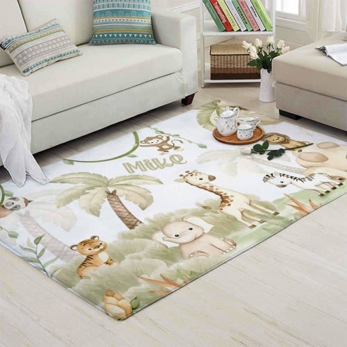 Safari Animals Nursery Rug Forest Animal Carpet Custom Name Nursery Mat Tropical Jungle Room Decor Kids Playroom Mat Baby Shower Gift