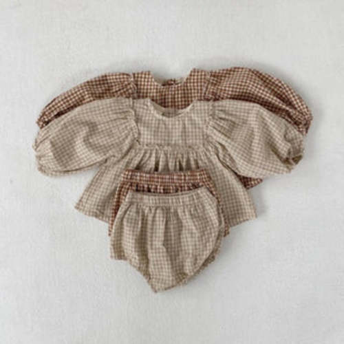 Plaid Balloon Sleeve Linen Bloomer Set | RYAN AND REMI
