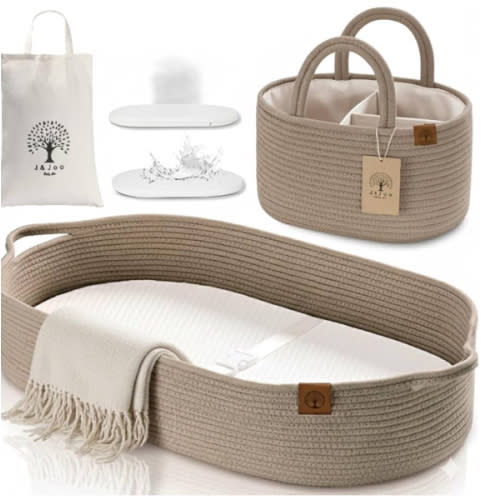 Baby Changing Basket Includes Diaper Caddy - Soft & Waterproof Dual-Cover, Portable, Changing Pad for Dresser & Changing Table, Gift for Baby Shower, Organic Cotton Rope