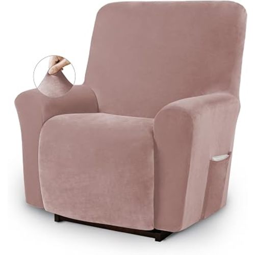 Asnomy Stretch Recliner Chair Covers Slipcover with Pockets 1-Piece（Pink）