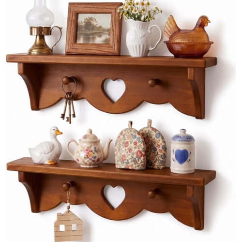 Amazon.com: Entrirolly 80s Vintage Heart Shelf Set of 2, Solid Pine Wood Wooden Heart Shelves with Pegs, Rustic Walnut cottagecore Decor Vintage wall Shelf for Living Room Bedroom, No Assembly Needed
