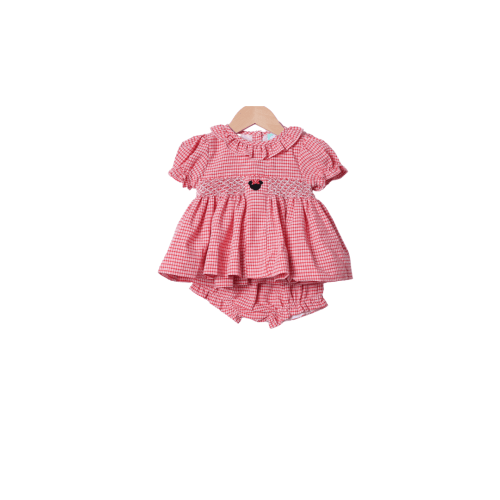 Smocked Mouse Red Seersucker Bloomer Set