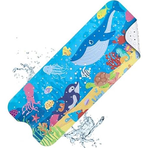 Baby Bath Mat Non Slip, Cartoon Kids Bath Mat for Tub 40 x 16 Inches, Non Slip Bathtub Mat with Suction Cups and Drain Holes Shower Stall Mats, Machine Washable, Dolphin