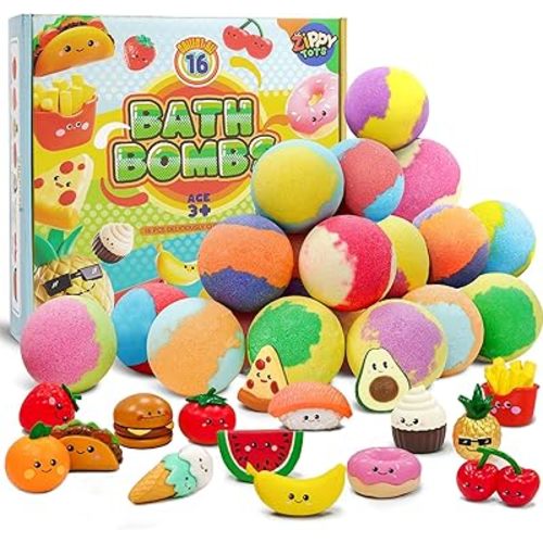 Zippytots Kids Bath Bombs with Food Toys Inside, 16 Pack Colorful Surprise Bath Fizzies Set, Organic Fizzy Bubble Bath Bombs for Girls & Boys, Ages 3+
