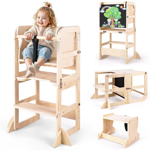 Woodure 6 in-1 Toddler Kitchen Step Stool with Wooden Stool, Foldable Learning Standing Tower with Blackboard & Feeding Tray, Wooden Kitchen Stool Helper for Kids, 1-3 Year Old Boy Girl Gifts