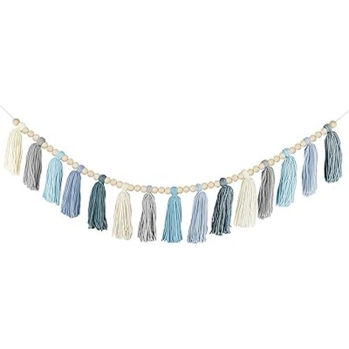 Boho Yarn Tassel Garland - Handmade Wall Hanging Decor for Nursery, Baby Shower, Kids Room, Classroom, Birthday Party | Macrame Tassels Bunting Banner for Bedroom, Office, Home Decoration (Sky Blue)