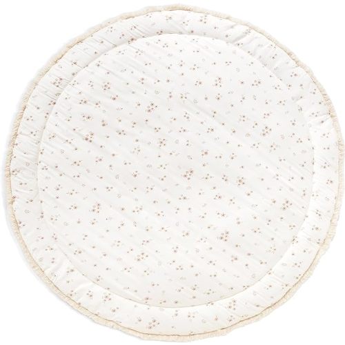 MakeMake Organics Organic Play Mat GOTS Certified Organic Cotton Nursery Floor Rug Washable Reversible Non Toxic Activity Mat Tummy Time Crawling Pad Thick Quilted (Round 48", Bloom + Solid Oat)