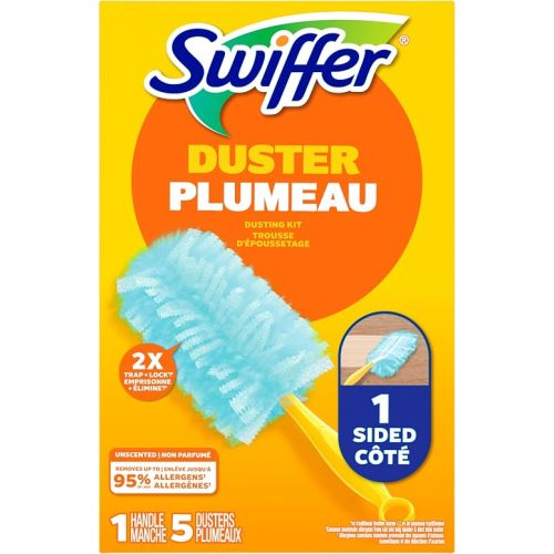 Swiffer Dusters Cleaning Kit, Feather & Microfiber Duster Alternative, Cleaning Tool for Dusting Furniture, Blinds, Ceiling Fans, Helps Remove Allergens, Unscented, Includes 1 Handle + 5 Refills