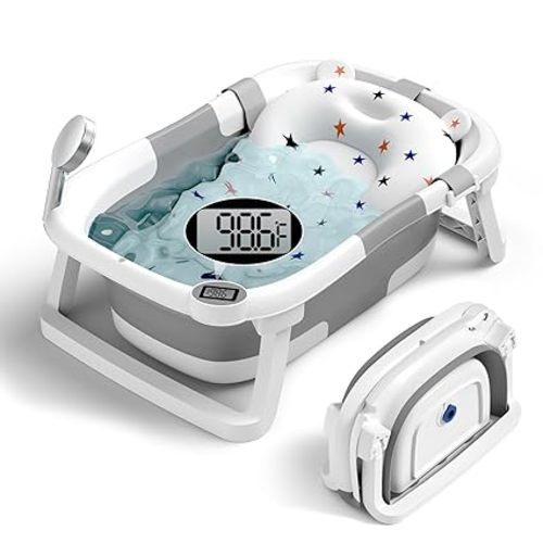 Classic Baby Bathtub, Infant Bath Tub for Newborn to Toddler (0–12 Months),Collapsible Newborn Bathtub with Soft Cushion and Non-Slip Feet, Foldable Travel Bathtub for Easy Storage