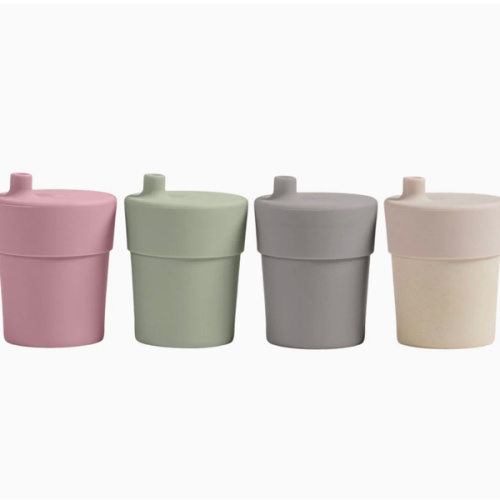 Bamboo Cups with Silicone Sippy Lids – Matte Dark Gray/Green/Off White/Pink – Set of 4