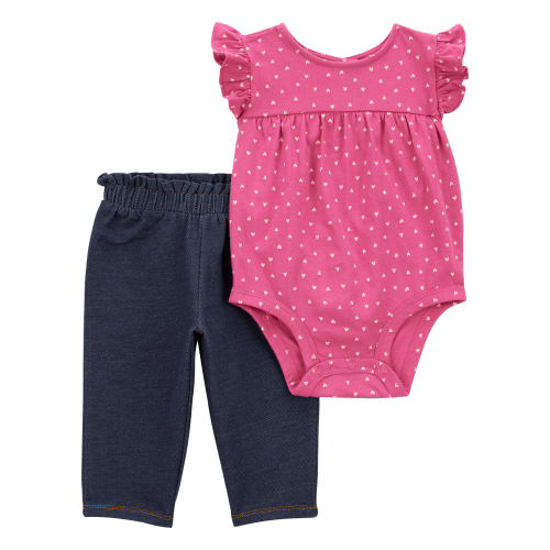 Baby Girl 2-Piece Heart Flutter-Sleeve Bodysuit Pant Set - Pink/Blue - 6M
