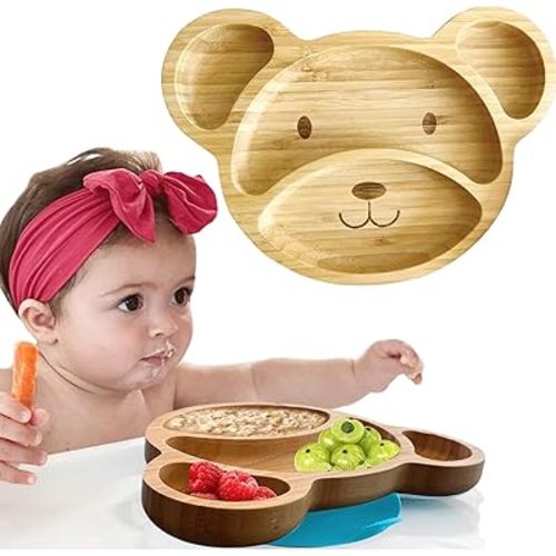 Bamboo Plates for Kids - Baby & Toddler Plates with Suction for Feeding & Weaning, Eco-Friendly Bear Design Promotes Self-Feeding, Ideal for Busy Moms & Dads, Sturdy & BPA-Free (Blue)