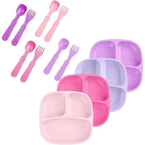 Re-Play Dinnerware Set for Toddlers - Kids Dining Set of 4 Divided Compartment Plates and 4 Utensil Sets - Dishwasher/Microwave Safe - Made in USA - Princess