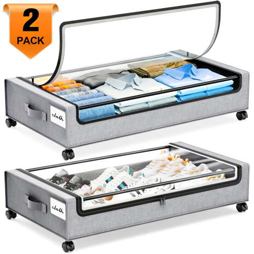 FOUKUS Under Bed Storage with Wheels:2 Pack Under the Bed Storage Bins, Collapsible Under Bed Storage Bags for Clothes, Sheets,Shoes,Linen-like Grey