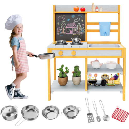 EastVita Outdoor Wood Mud Kitchen, Potting Bench w/Garden Bed, See-Through Planter Box, Removable Sink & Faucet, Gardening Toys & Storage Shelf, Toddler Playset
