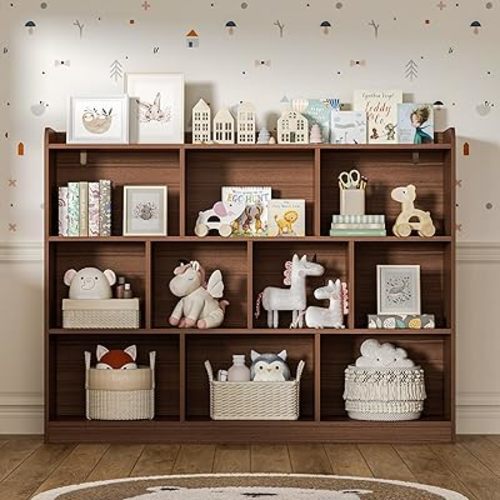 Brown Bookshelf, Wood Bookcase with 3 Tier Open Shelves, 10-Cube Minimalist Storage Shelf for Living Room, Bedroom, 55.1" W x 42.5" H