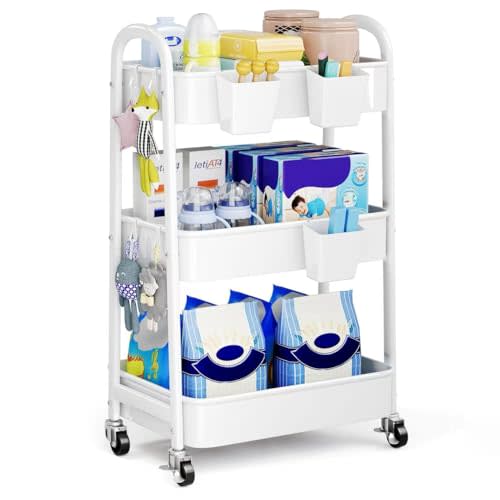 Baby Diaper Caddy, 3 Tier Rolling Baby Essentials Storage Cart with Wheels, Newborn Must Haves Stuff Organizer, White Three Tiered Utility Carts for Art, Craft, Changing Diaper Table, Nursery, Crib