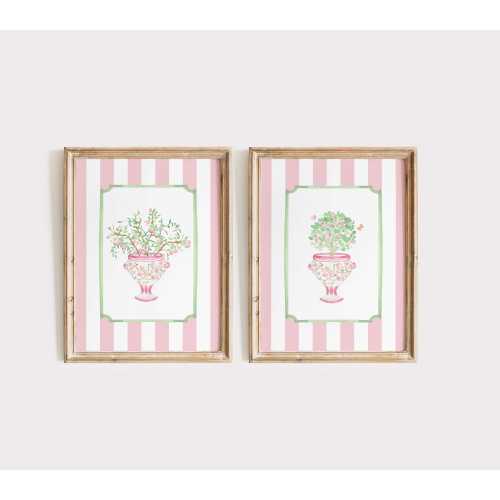 Chinoiserie Stripe Print Set: Pink & Green Botanical Wall Art