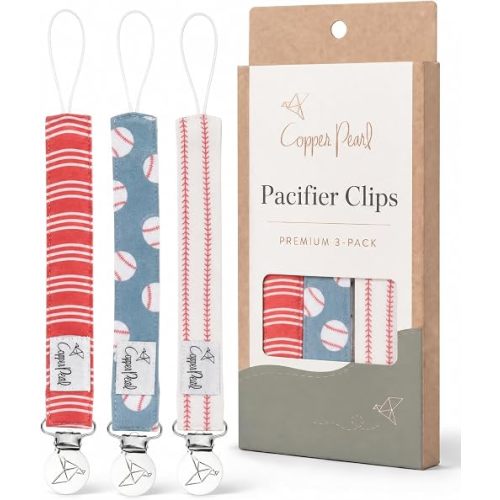 Copper Pearl Pacifier Clip 3-Pack - Stylish Stainless Steel Pacifier Holder Clip for Baby Girls and Boys - Baby Pacifier Clips for No More Floor Drops - Slugger