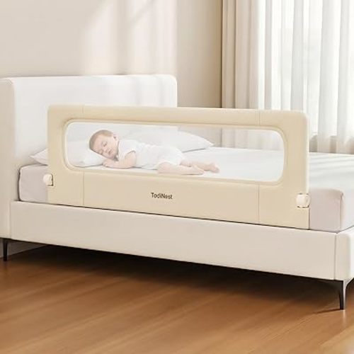 Folding Bed Rail for Toddlers, Baby Bed Rail Guard with Reinforced Anchor Safety System, Toddler Bed Rails for King Size Beds, Twin, Full, Queen (Khaki, 59" L x 21.6" H)