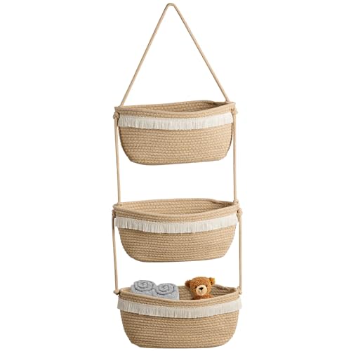 Over The Door Organizer Hanging Basket for Nursery Decor Stuffed Animal Storage Baskets Boho Wall Decor Basket for Bathroom Bedroom Playroom - Beige