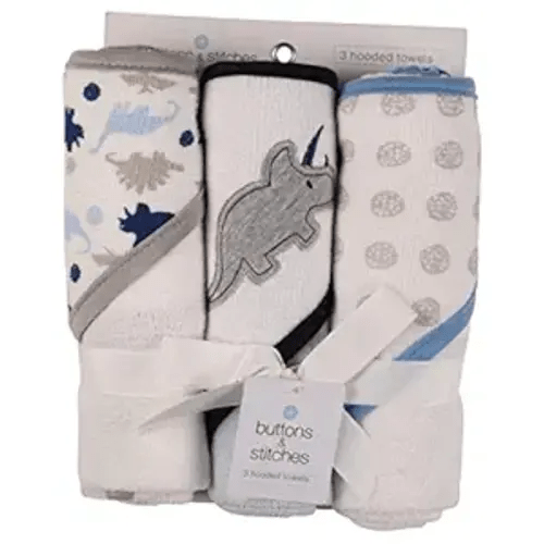 Buttons and Stitches Baby Boys 3 Pack Infant Hooded Towel, Triceratops Prints (GS71365)