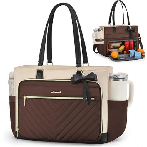 LOVEVOOK Lunch Tote Bag for Women, Insulated Lunch Bag with Laptop Compartment, Large Capacity Teacher Nurse Bag for Work Daily with Large Cup Holder Water Resistant, Coffee-Apricot-Black, 15.6 Inch
