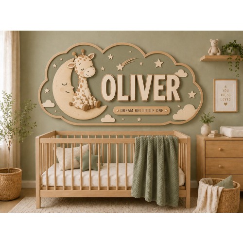 Personalized Giraffe Nursery Name Sign, Baby Giraffe Moon Wall Decor, Dream Big Little One Nursery Sign, Safari Nursery Name Plaque