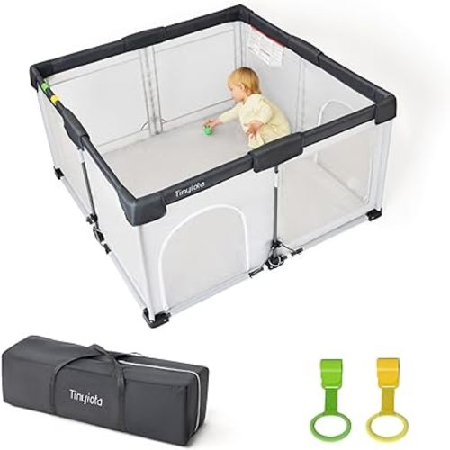Tinyiota Foldable Baby Playpen, 50x50 Inch Portable Play Yard for Babies and Toddlers with Soft Breathable Mesh, Storage Bag & 2 Pull-Toy Handles for Indoor & Outdoor (Grey, 50x50)
