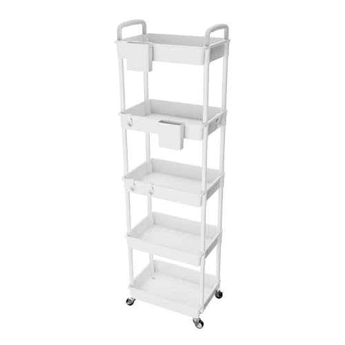 5 Tier Rolling Utility Cart with Handle,REBECAT Utility Cart Made of Multifunctional Storage Organizer Tool for Kitchen,Bathroom,Living Room,Office(White)