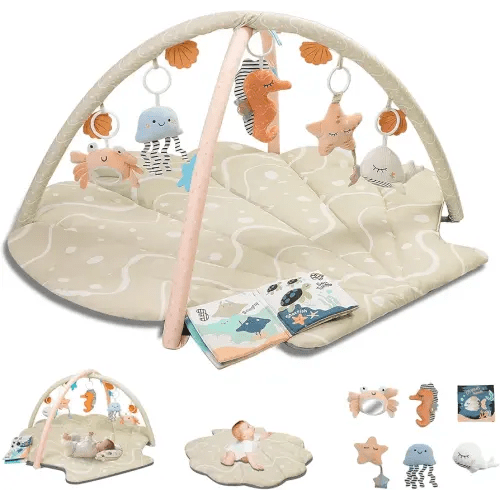 Baby Play Mat, Oversize Shell Tummy Time Mat with 6 Detachable Baby Activity Toys, Baby Gyms & Playmats for Babies 0-6 Months, Baby Mat for Floor Newborn Baby Shower Gifts (Beige)